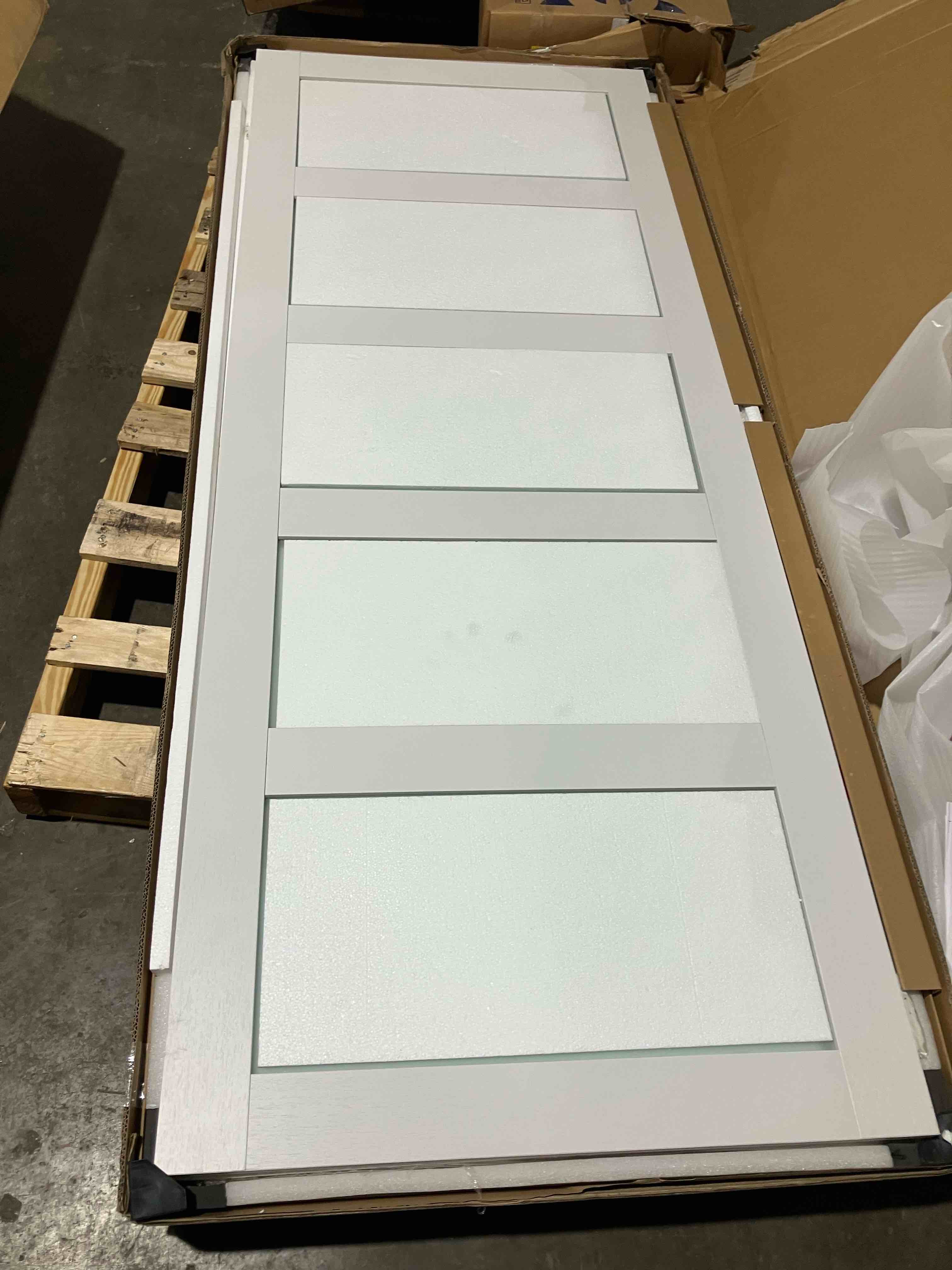 Condition photo showing New/Like New for eightdoors 31in x 78.5-in white finished square frosted glass pine wood solid core single barn door (mounting hardware not included) - 2 door panels total
