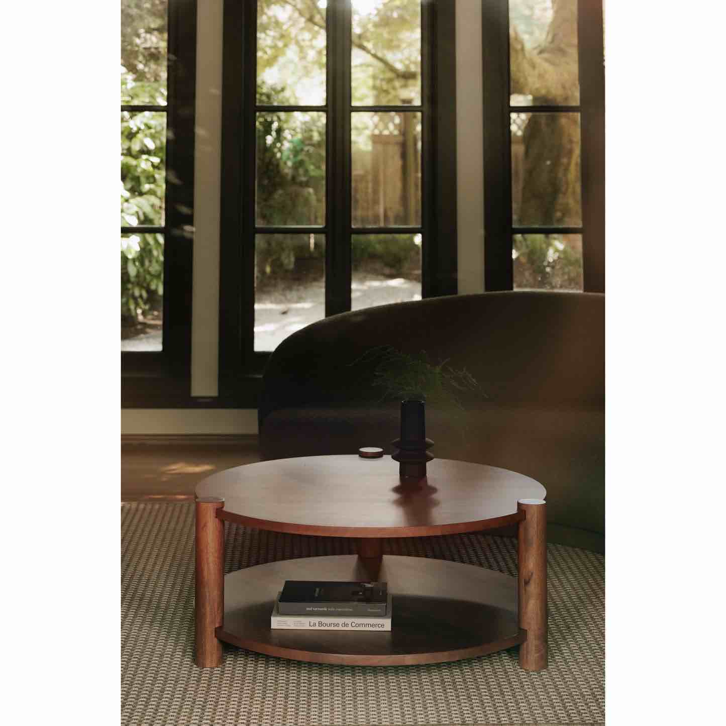 OLSEN COFFEE TABLE (One leg cracked on top, does not affect function, pictured) 39.5"W x 38"D x 16"H