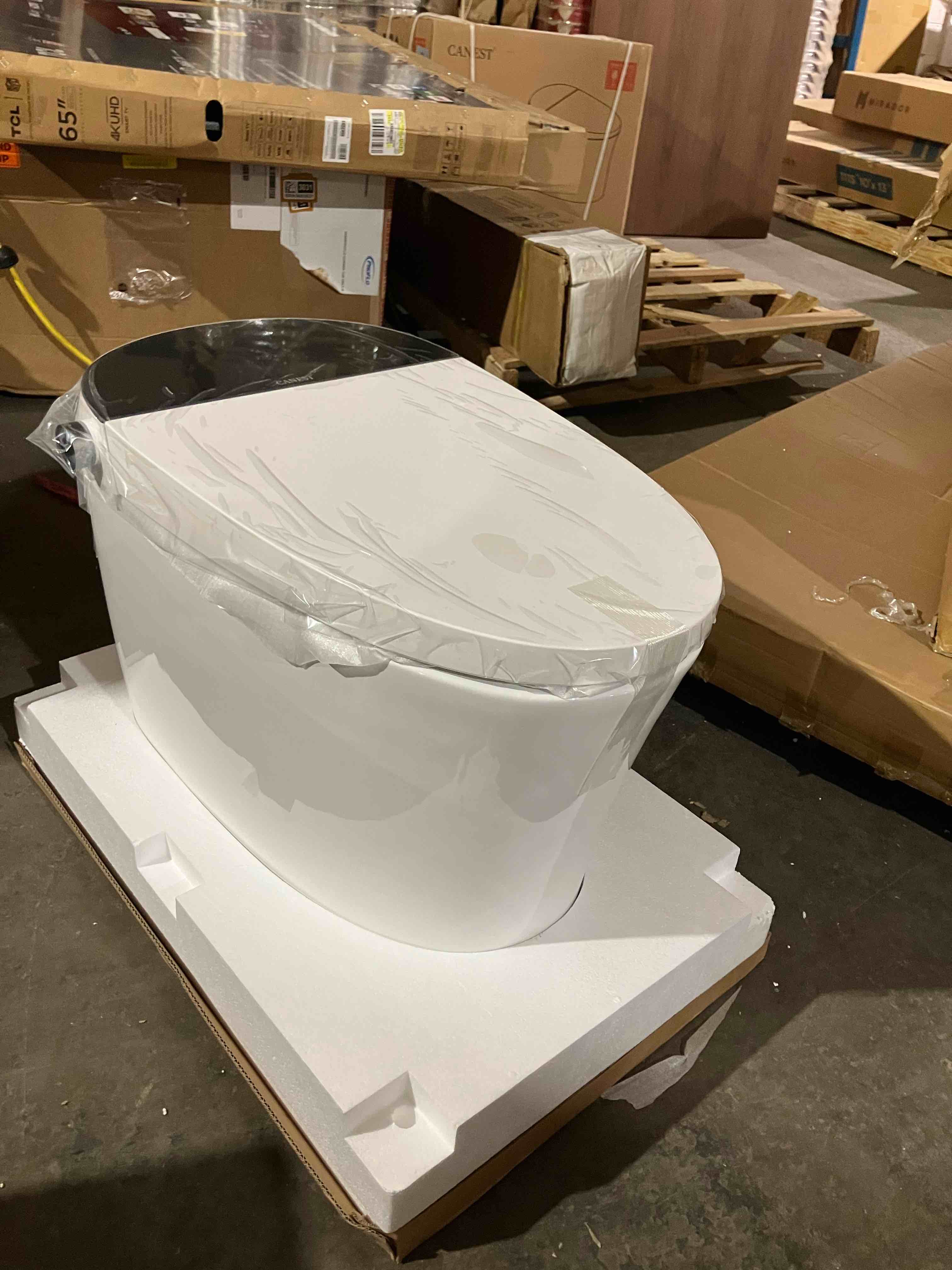 Condition photo showing New/Like New for canest smart toilet with bidet built in, auto open close lid, ada height, smart temperature control, dual flush with tank, heated seat, warm dryer, remote control (tc-200ge new) tc-200ge new white auto open close