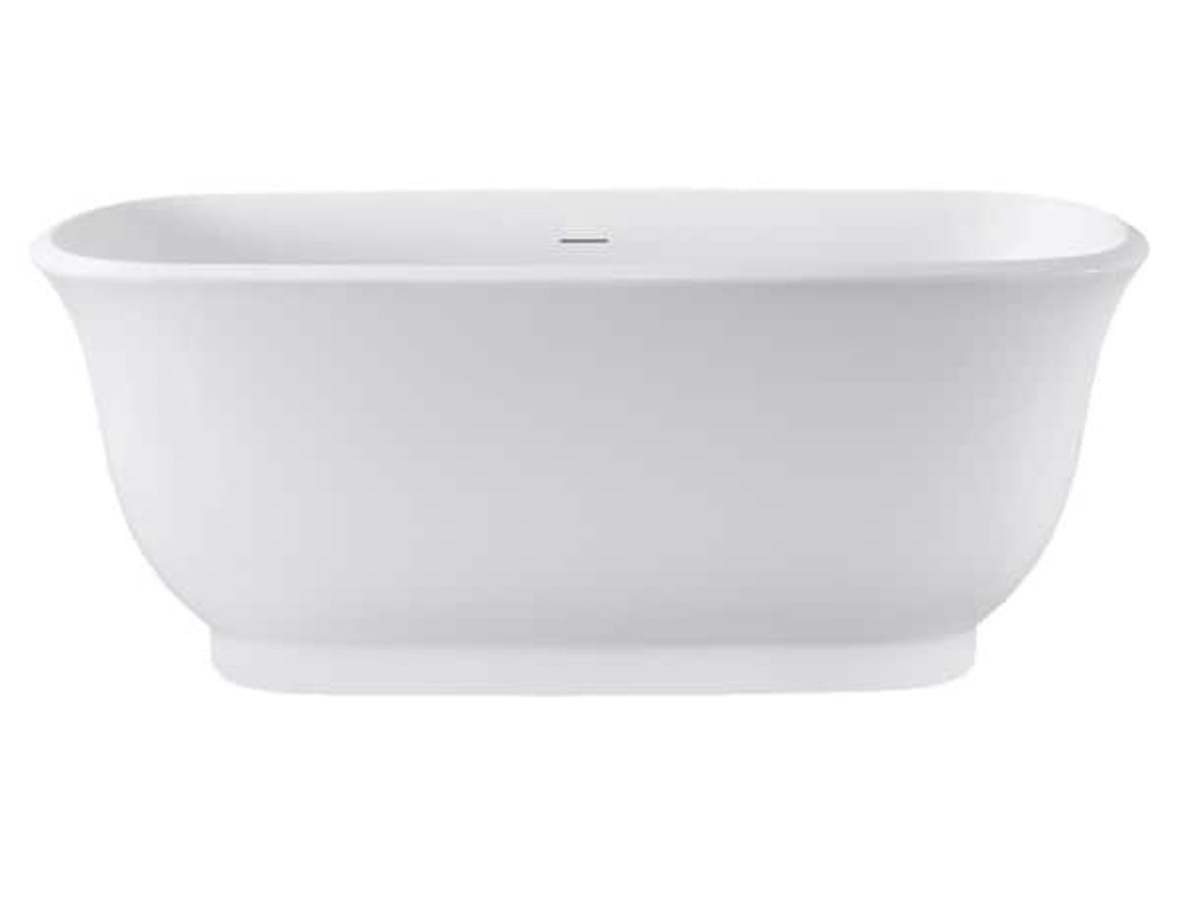 59 in. x 28 in. Acrylic Freestanding Soaking Bathtub in Glossy White with Brushed Nickel Hardware, Tub cracked on right side lip (pictured) 59” x 28” x 22.2