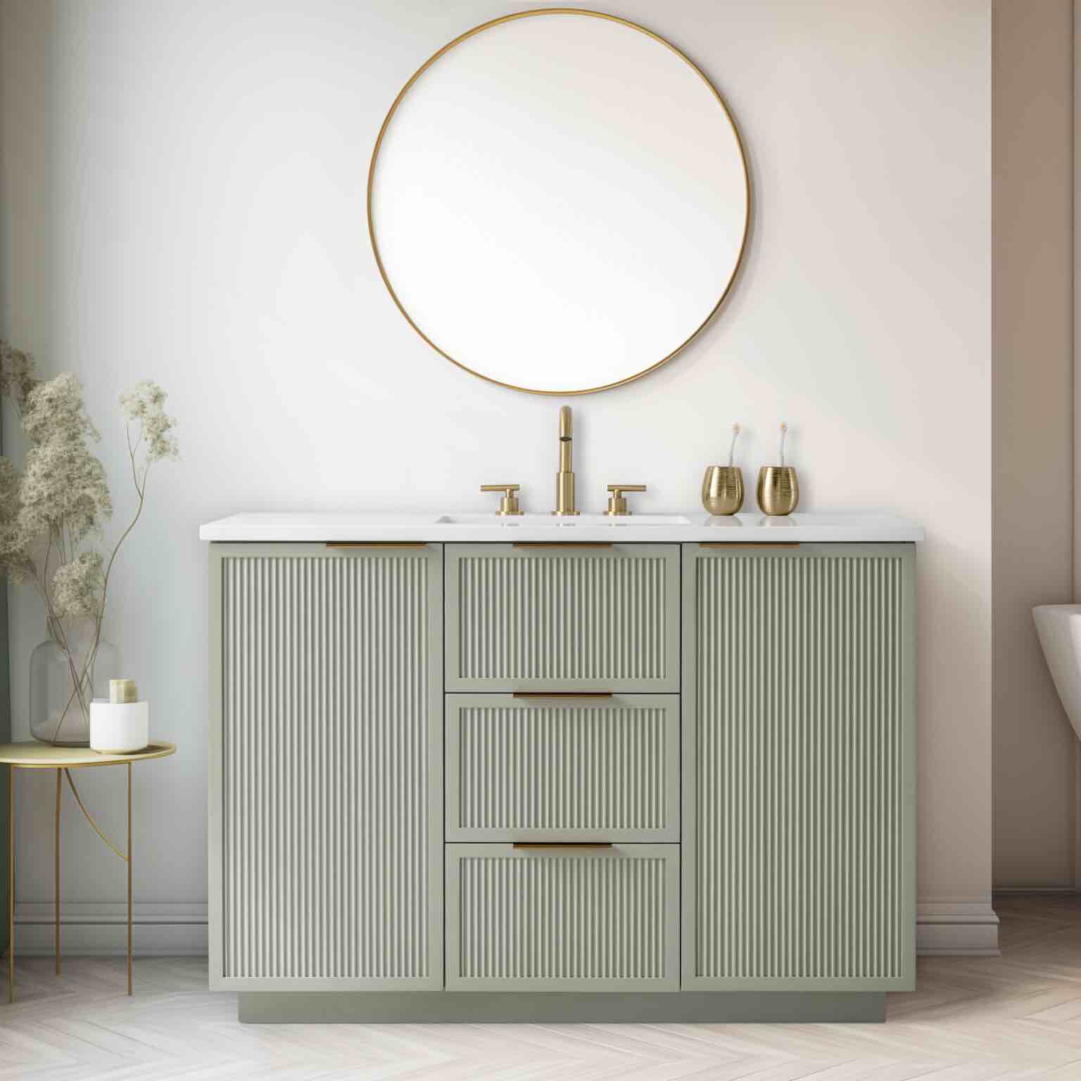 ADDISON 48? Light Sage Vanity with White Luxury Top 48 x 22 x 34in. (Vanity has small dent in front- pictured)