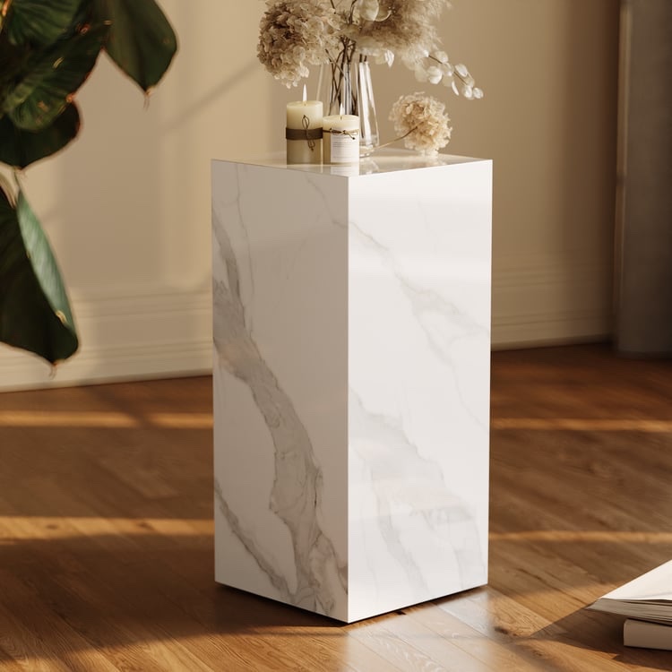 White Sintered Stone Plinth Pedestal Plant Stand & Side Table 35.3 x 15 x 15in. (small chips and scuffs on bottom/corners)