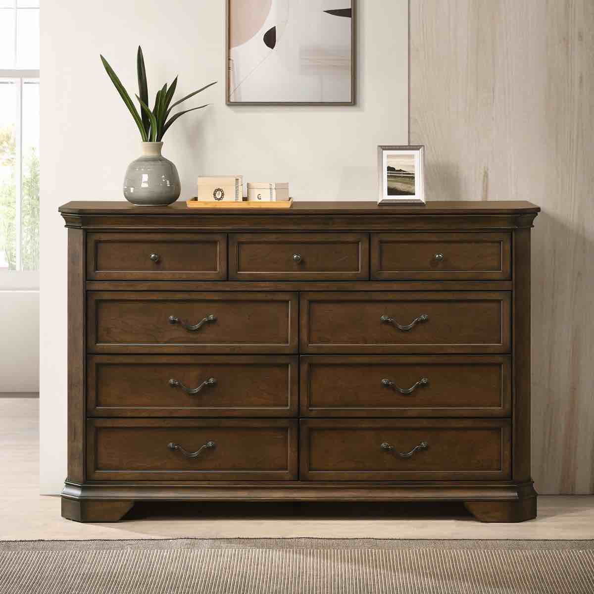Ailany Traditional Walnut Wood 9-drawer Dresser with Pewter Hardware 39'' H X 59.5'' W X 16.8'' D (Small chips/cracks to wood on top left and left side-both pictured)