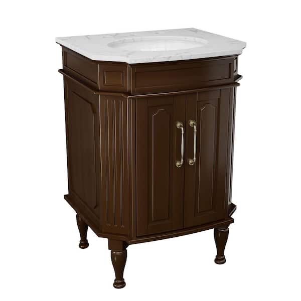 Condition photo showing Good Condition for 24 in. brown wood single sink freestanding bathroom vanity with white marble top. buy and repair: vanity joints need glued/reinforced, countertop needs attached and caulked h 35.51 in, w 24 in, d 20.87 in