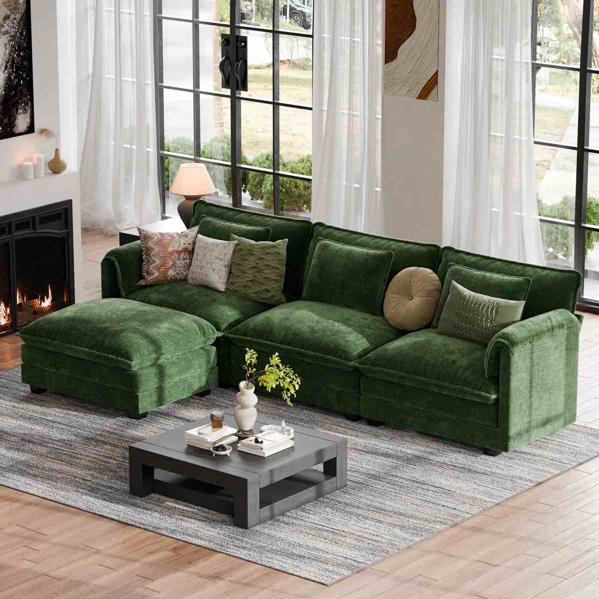 Green 4-Piece 115'' Reversible Modern Upholstered L-Shape Sectional Sofa With Ottoman- Premium Fabric