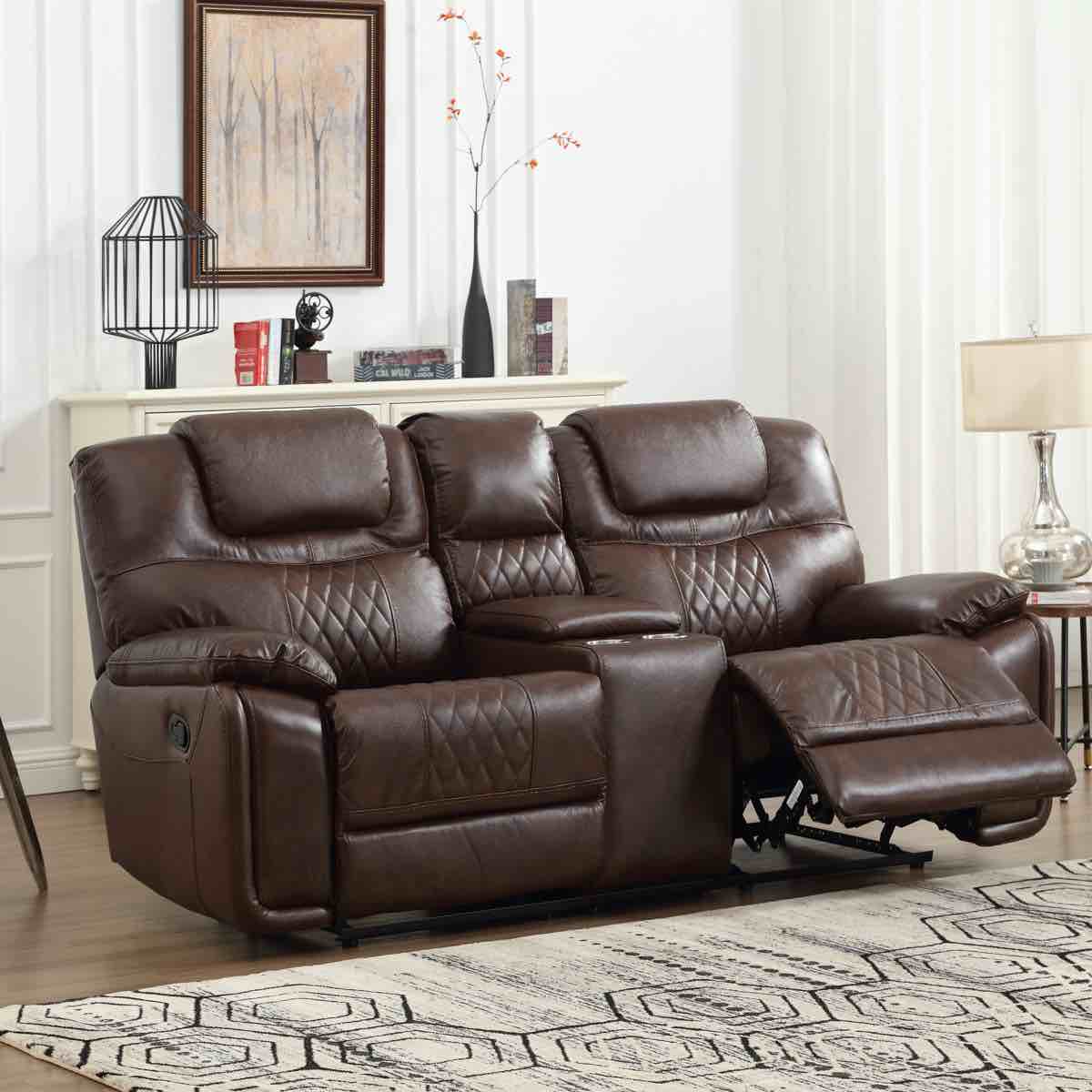 77.6" top-grain genuine leather manual reclining loveseat sofa, 2-seater recliner couch with storage and cupholders 41.3'' h x 77.6'' w x 37.4'' d (right seat has small scratch on backrest, and small tear in corner, see photos)
