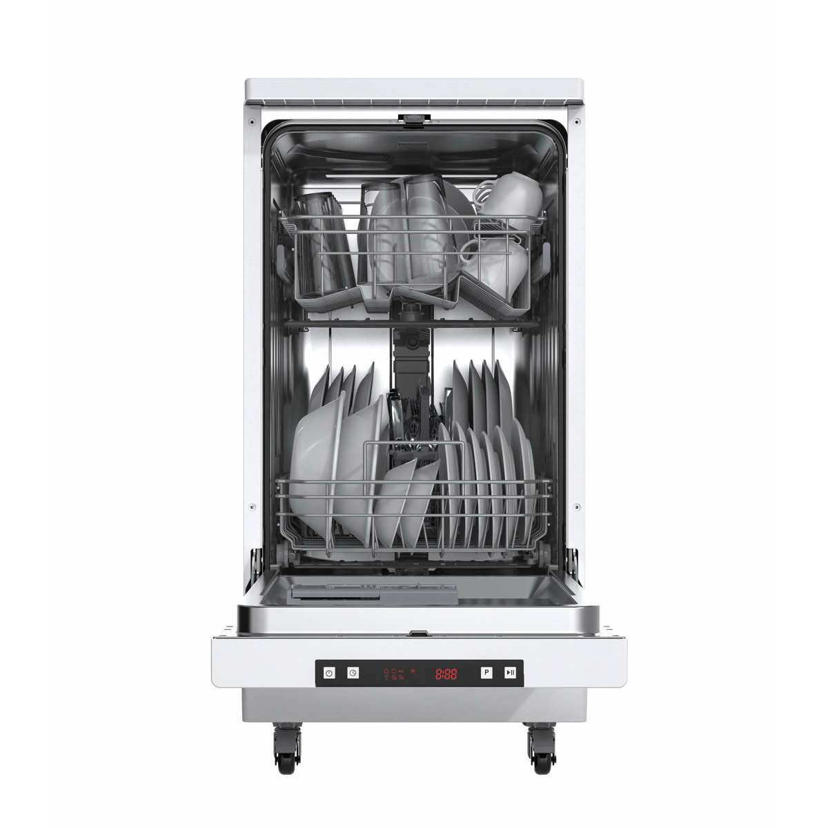 Condition photo showing Good Condition for hamilton beach 8 place setting 18" portable dishwasher for kitchen, rv, or apartment with quick faucet connection, 6 wash cycles, and rolling caster wheels, stainless steel (unit dented on both sides, does not affect wash function) 37.5'' h x 28.5'' w x 21''