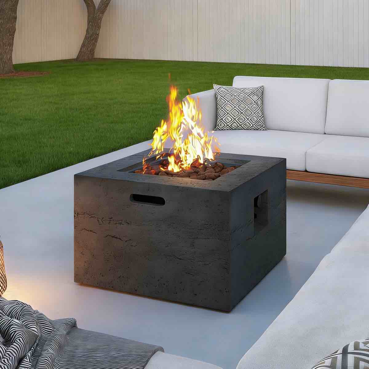 Condition photo showing Good Condition for 24" outdoor square fire pit with rain cover for outside patio (unit is cracked on side-see pictures) 16.15'' h x 24'' w x 24'' d