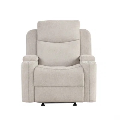 Beige Chenille Swivel Power Recliner with Storage and USB (See Lot Photos for Exact Model) 37"D × 38"W × 41"H