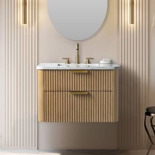 Warren 30 in. W Floating Bath Vanity in Classic Oak with Engineered Stone Top in Arabescato and White Sink H 20 in, W 30 in, D 20 in