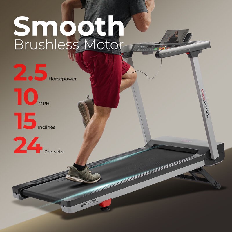 sunny health & fitness foldable auto incline treadmill with 20" running belt & brushless motor