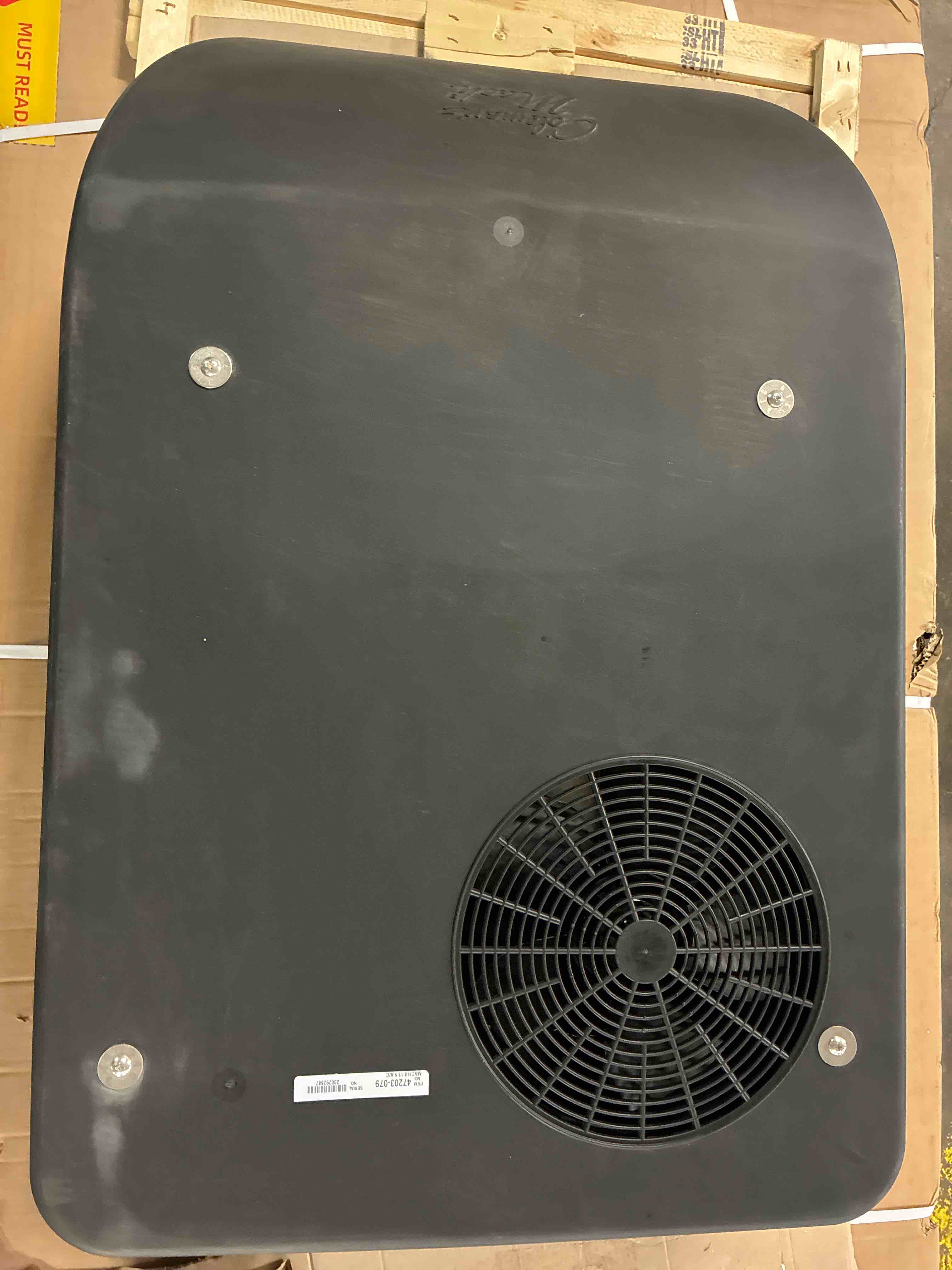 Condition photo showing New/Like New for coleman-mach 47203-079 signature series mach 8 plus air conditioner - wood skid, 13,500 btu, black. cracks along back, can be sealed or reinforced, unit, 10 x 30 43inches (needs printed!!!)