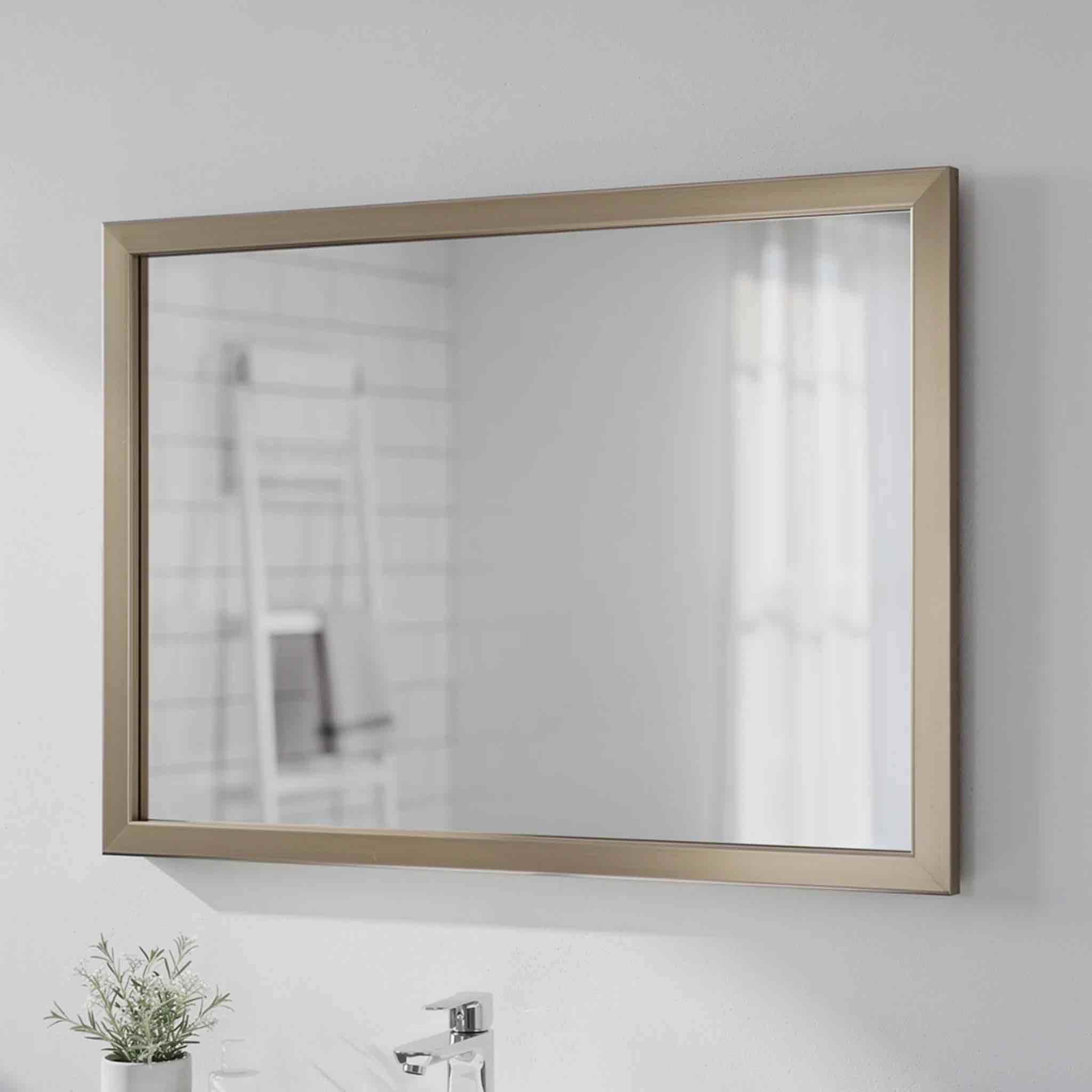 Condition photo showing New/Like New for 40” x 72” rectangular mirror in raised brushed gold metal frame