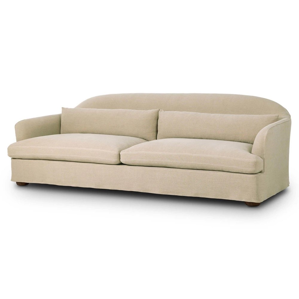 Condition photo showing Good Condition for karissa broadway dune linen sofa - 101" (slipcover needs lite cleaning, front left leg broken/can be screwed/reattached) 32.25 inches high x 100.75 inches wide x 40 inches deep