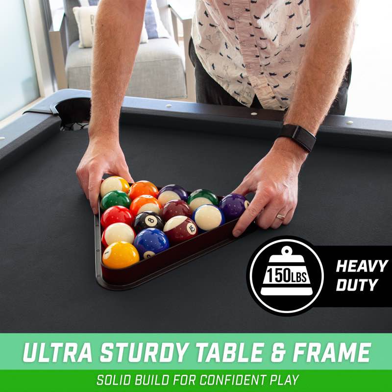 Condition photo showing New/Like New for gosports 8 ft billiards table - no assembly, portable pool table includes full set of balls, 2 cue sticks, chalk and felt brush