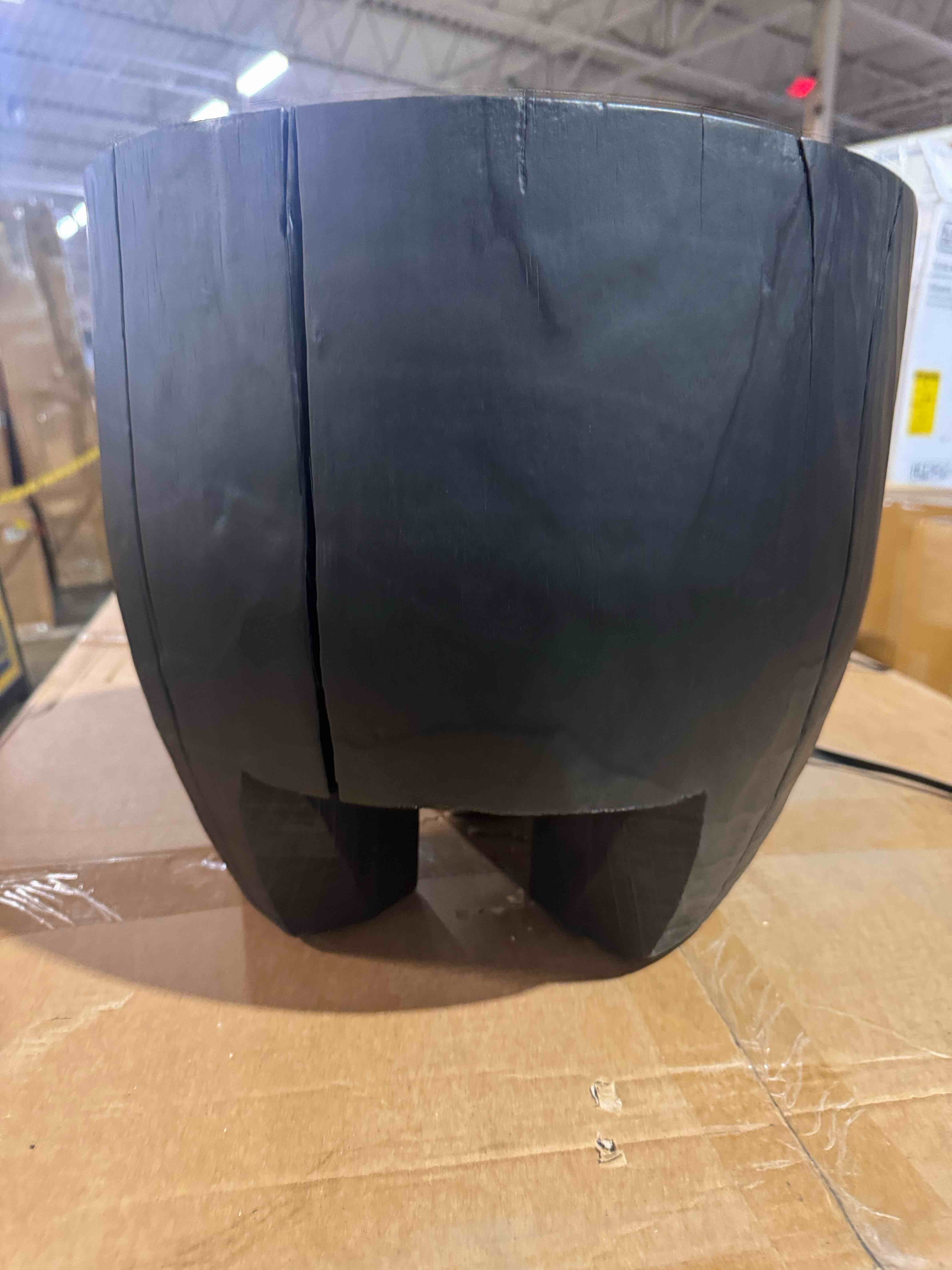 Condition photo showing New/Like New for andrianna shamaris polished drum shape side table, black stain (new in box) 14.5h x 16d