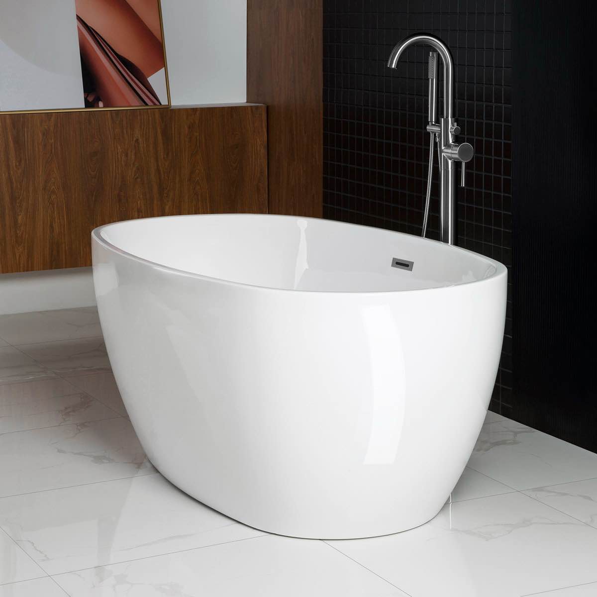 woodbridge 59in acrylic freestanding bathtub contemporary soaking tub, oval b-0018, center drain and brushed nickel hardware (in box-condition verified) 59 x 32 x 22.88