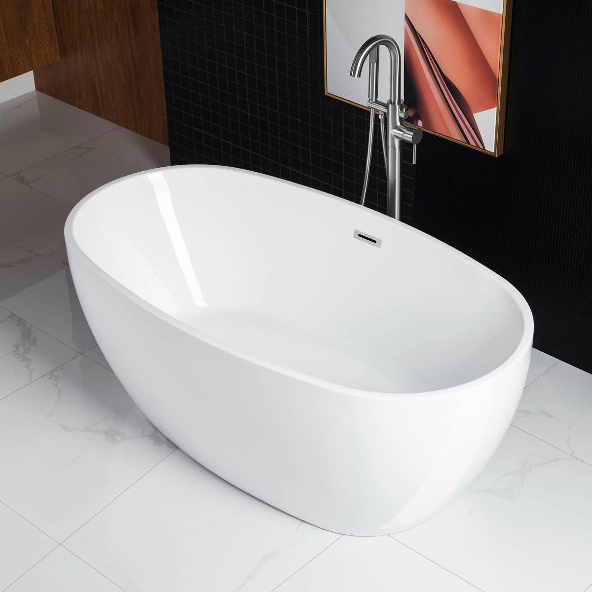 Condition photo showing New/Like New for woodbridge 59in acrylic freestanding bathtub contemporary soaking tub, oval b-0018, center drain and brushed nickel hardware (in box-condition verified) 59 x 32 x 22.88
