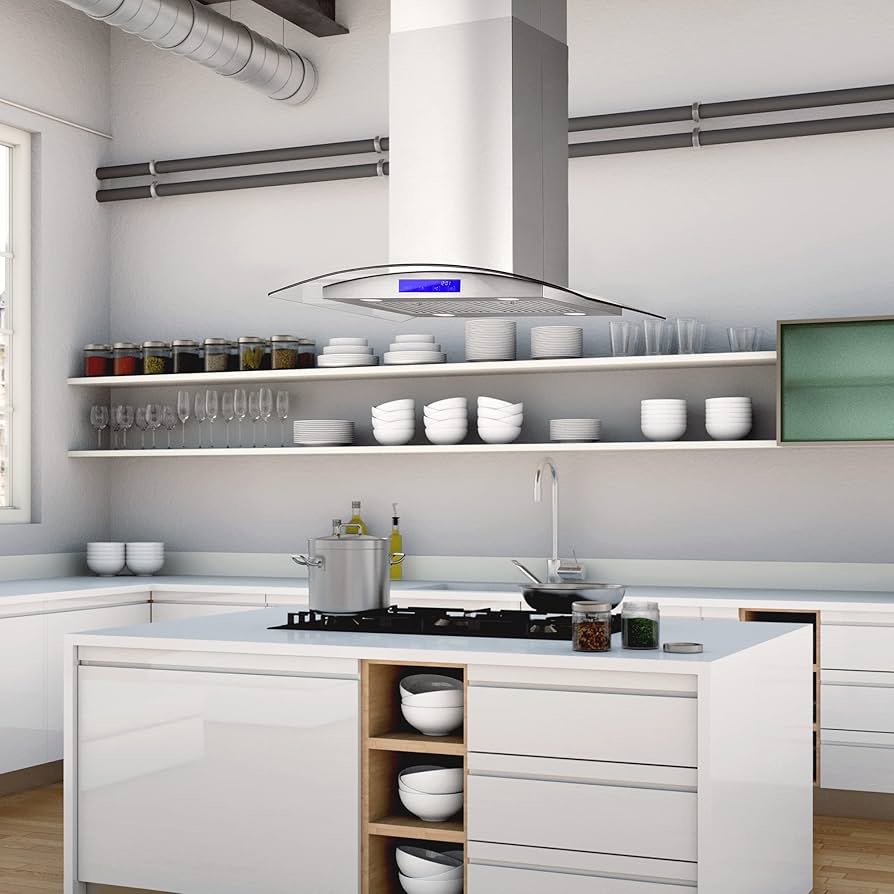 Condition photo showing New/Like New for 30" stainless steel island range hood with digital touch controls, glass canopy (new in box) 26.3?-46 x 29.2 x 23.6