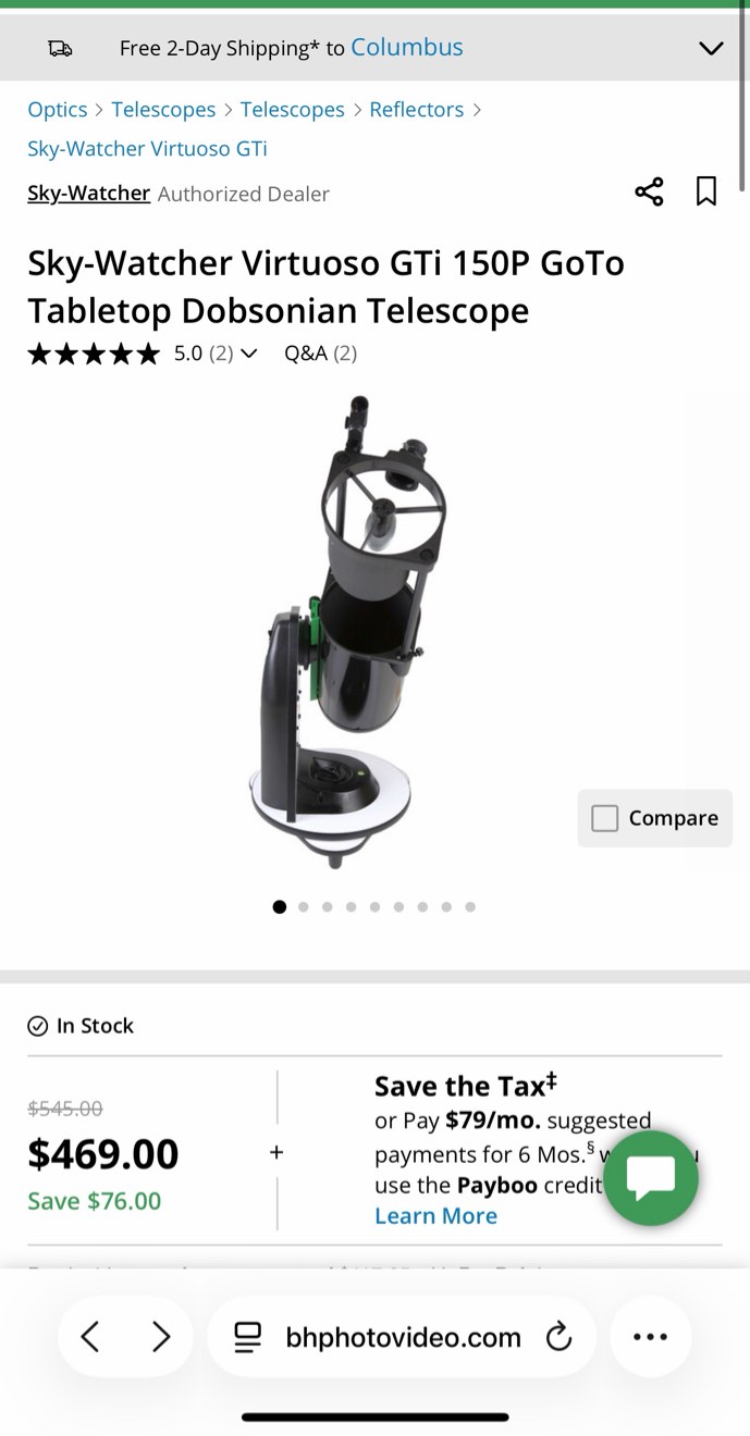 Condition photo showing New/Like New for sky-watcher virtuoso gti 150p, collapsible, lightweight optical tube, 5.9" / 150mm aperture, f/5 focal ratio, 750mm focal length, 25mm & 10mm super eyepieces, synscan goto app for ios and android, select from 10,000-object database, built in wifi, requires 8aa batteries, new in box, located in office