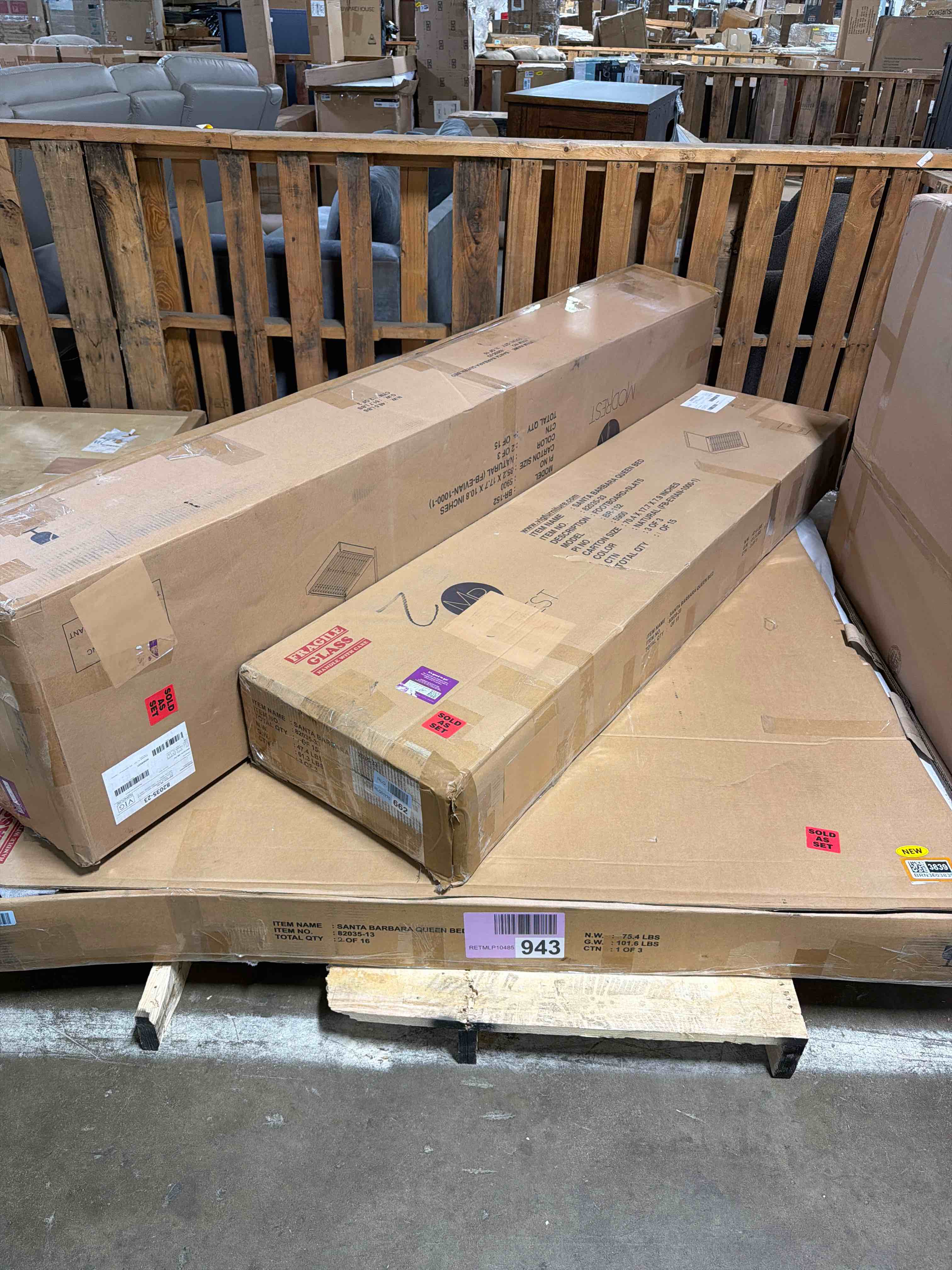 Condition photo showing New/Like New for nova domus queen size santa barbara modern natural wood frame platform bed with grey fabric, 3 boxes total