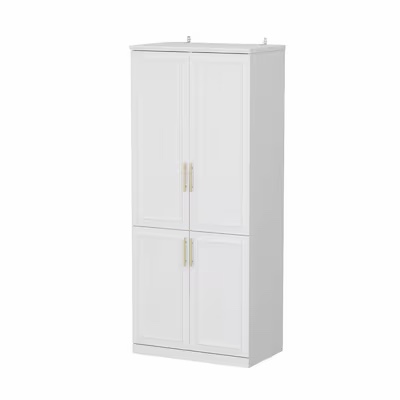 Condition photo showing New/Like New for two white armoire’s with gold metal finished handles, 2 storage shelves and metal hanging rod per armoire, two sets of double doors, overall dimensions 19.3 d x 74.8 h x 31.7 w, 4 boxes total