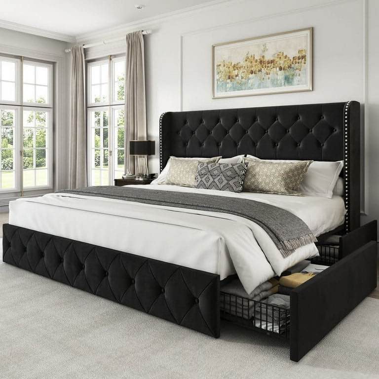 LARMACE King Size Bed Frame with 4 Storage Drawers and Tufted Headboard Velvet Upholstered Platform Bed Frame Wingback Beds with Wooden Slats Support, Easy Assembly, Black(Headboard only)