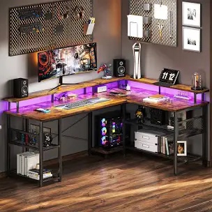 Latarya 59"W L-Shaped Desk with Steel Storage Shelves, Reversible