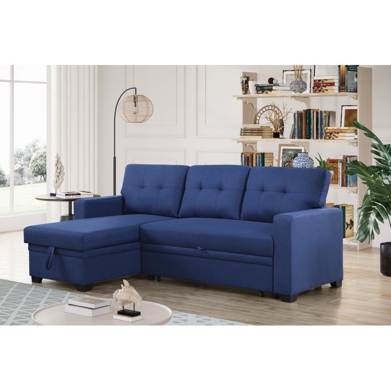 Ebern Designs Jinalyn Upholstered Sectional with Pull out bed, Storage Chaise, Removable Back Cushions, Reversible chair- Dark Blue (2 Boxes)