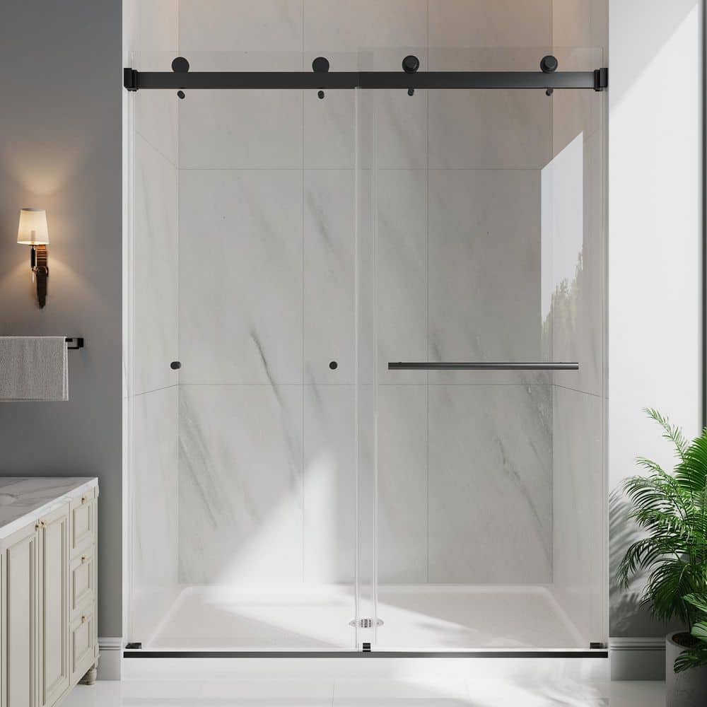 EASYWORC 43-48 in. W x 76 in. H Double Sliding Frameless Shower Door in Mattle Black with 6mm Clear Glass