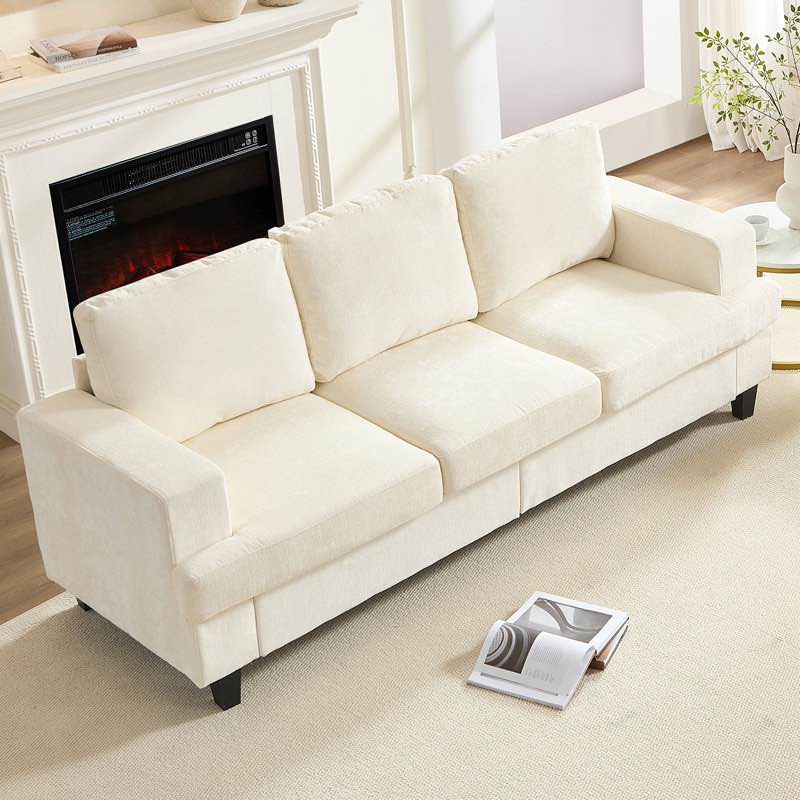 56"  White Chenille Fabric Modern 3 Seater Sofa,  Square Arms, Deep Seats. 33.9'' H X 55.9'' W X 29.1'' D