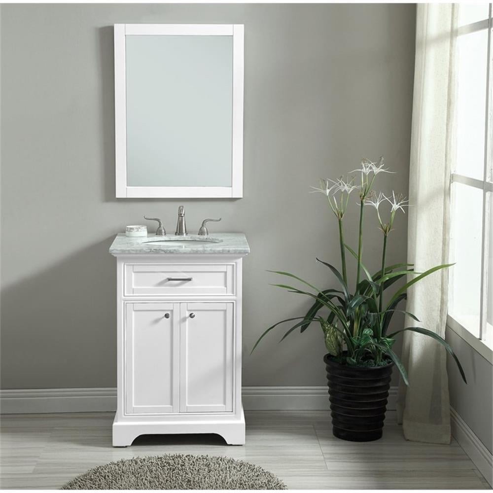 Americana 24" Free Standing Single White Bathroom Vanity with 1 Cabinet, 1 False Drawer, and Grey/White Marble Vanity Top, Brushed Nickel Handle and Knobs. Depth:21.5 in. Height:35 in. Nominal Width:24 in.
