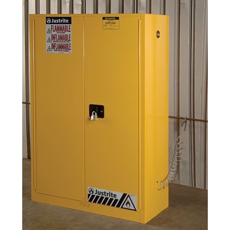 JUSTRITE 894500 Sure-Grip EX Standard Safety Cabinet, 43w x 18d x 65h, Yellow, 45 Gallon, Dent on back side does not effect the tanks functioning