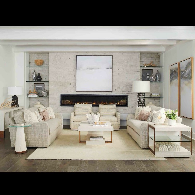 CARMEL MODERN SUNRIDGE RECTANGULAR COCKTAIL TABLE, Solid Wood Table Top in Wintery White with Carmel Grain Lines, Metal Support in Burnished Bronze. 17'' H X 56'' W X 32.25'' D