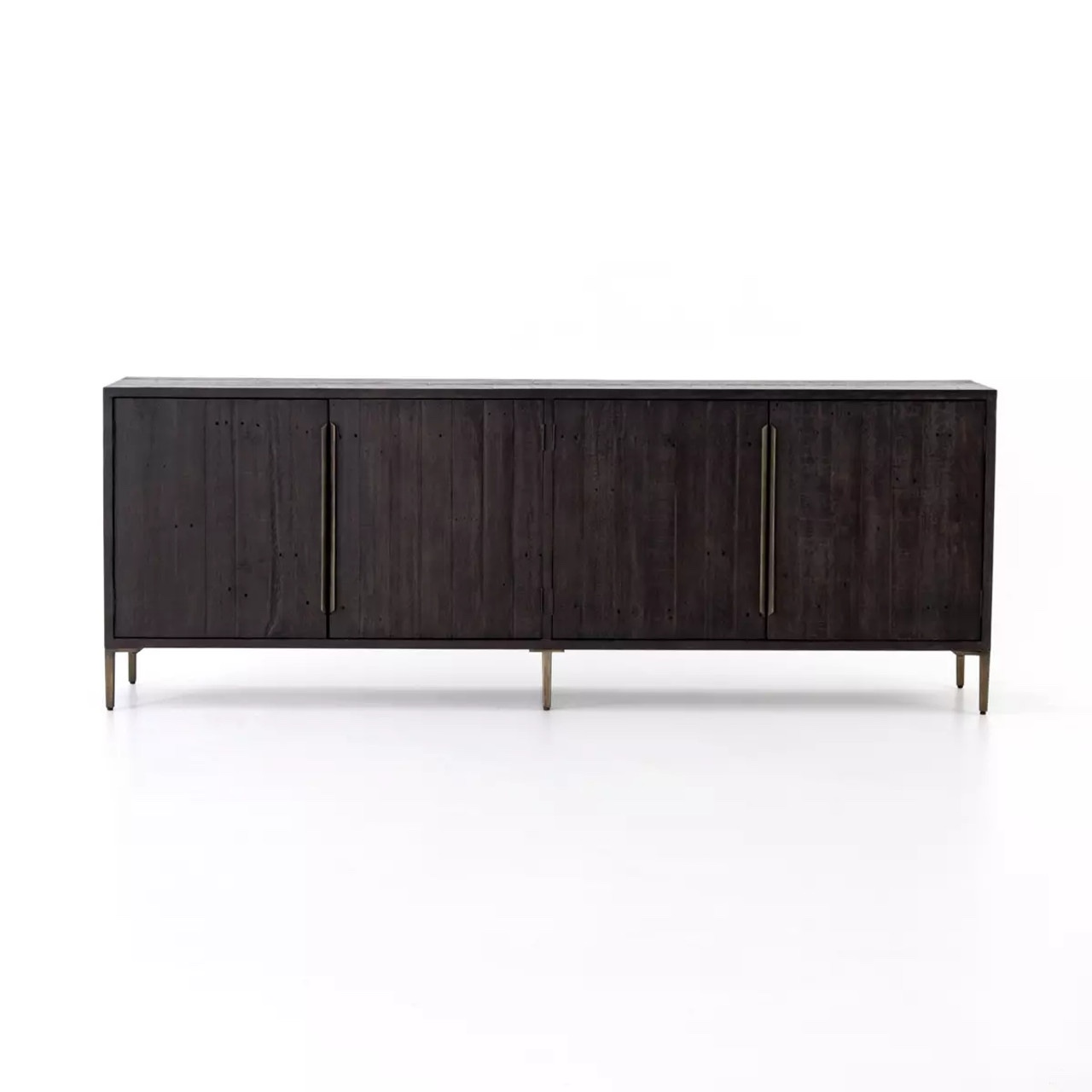 Four Hands Reclaimed Pine Wood Wyeth Sideboard. 2 Double Door Cabinets with single shelf - Dark Carbon Finish, Antique Brass Handles, Iron Legs. Manufacturer discrepancy, wood plank not fully connected on right side edge otherwise brand new. Overall Depth: 19.00" Overall Height: 32.00" Overall Width: 88.00"
