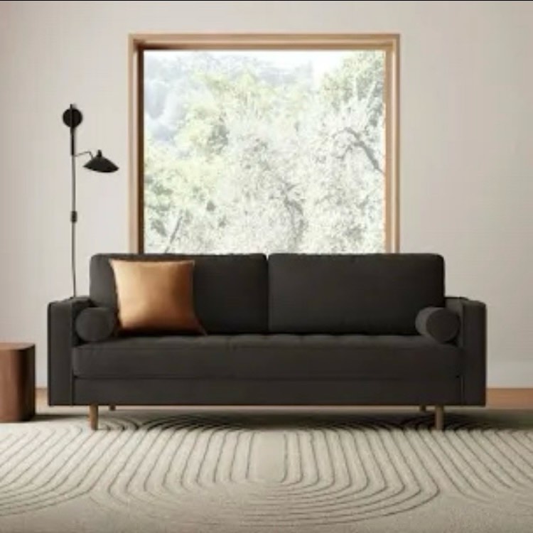Geo 84" Upholstered Sofa, Smokey Grey Velvet, Medium Hazelnut Wooden Legs. Some scratches on one leg, otherwise brand new. 34'' H X 83'' W X 35'' D
