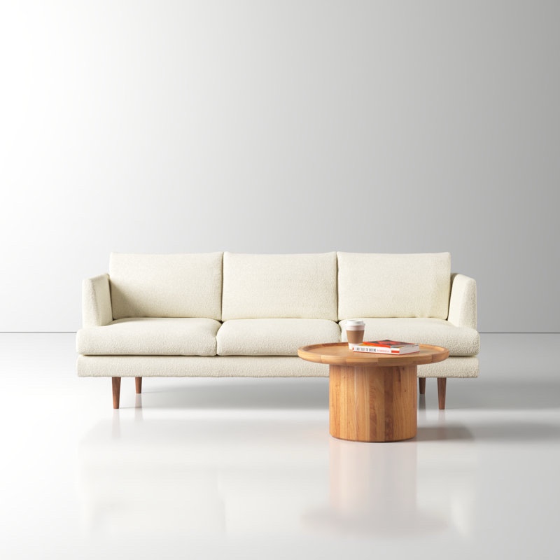 Modway White Boucle Fabric 3 Seater Sofa with Hazelnut Finished Wooden Legs, Right side of sofa needs cleaned, legs need bases replaced, otherwise high quality sofa. 