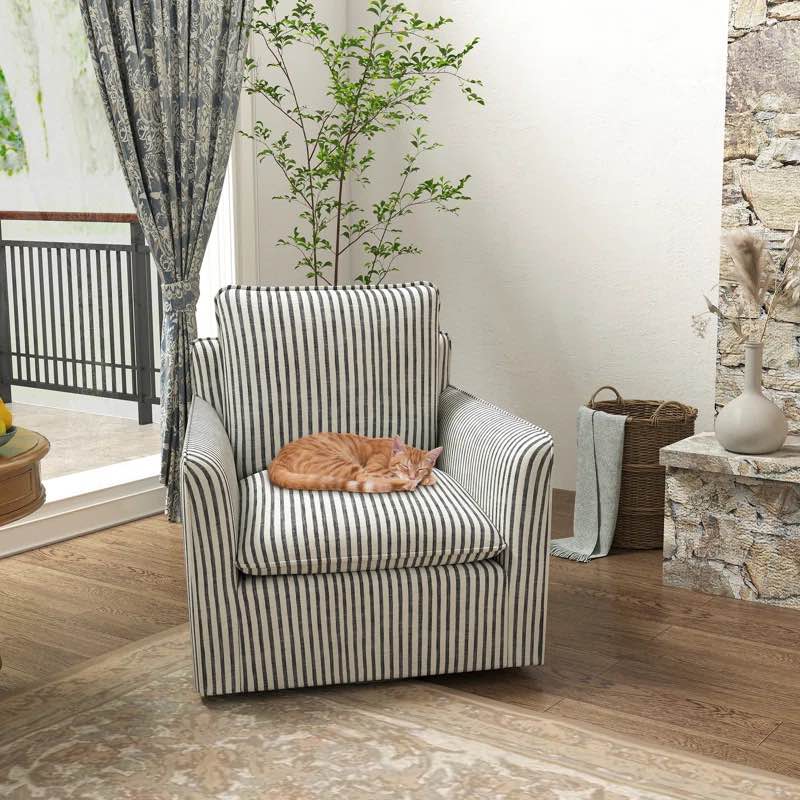 Kandyn 29.7" W Blue and White Pin Stripe Deep Cushioned Upholstered Swivel Barrel Chair with Removable Cushion