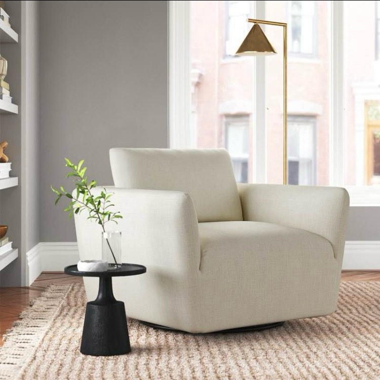 Beige Modern Linen Upholstered Swivel Armchair, Deep Cushioning, Squared Back. 