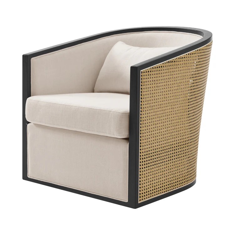 Marilyn Swivel Accent Arm Chair, Natural Cane Webbed Wicker Barrel Chair with Black Rubberwood Frame, Linen Cushioning in Shortbread, Pillow included. 