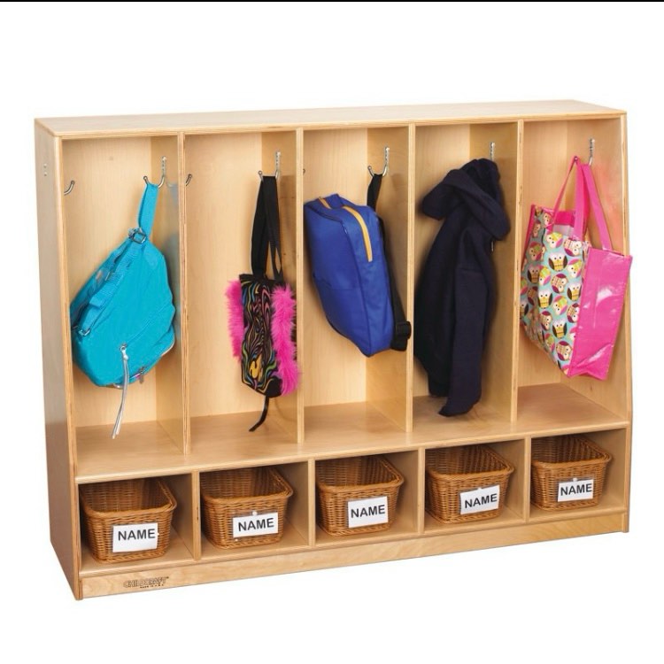 Natural Finish Birch Wood 2 - Tier 36'' Children’s Cubby/Space Saver Cabinet, 5 Coat Rack Spaces with Hooks Pre Installed, 5 Cubby Spaces