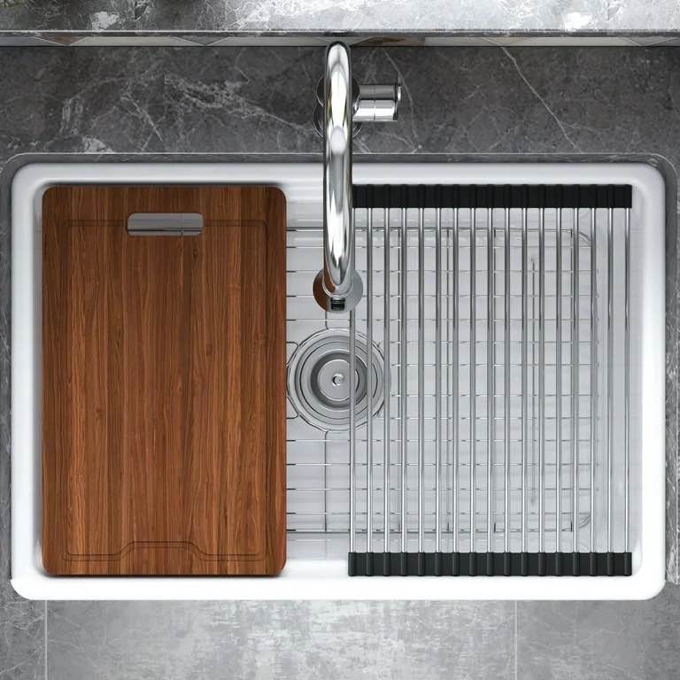 Farmhouse White Fireclay Kitchen Sink. Apron-Front Step Workstation, 30" L x 20" W, Grate, Cutting Board, and Drain Hardware Included