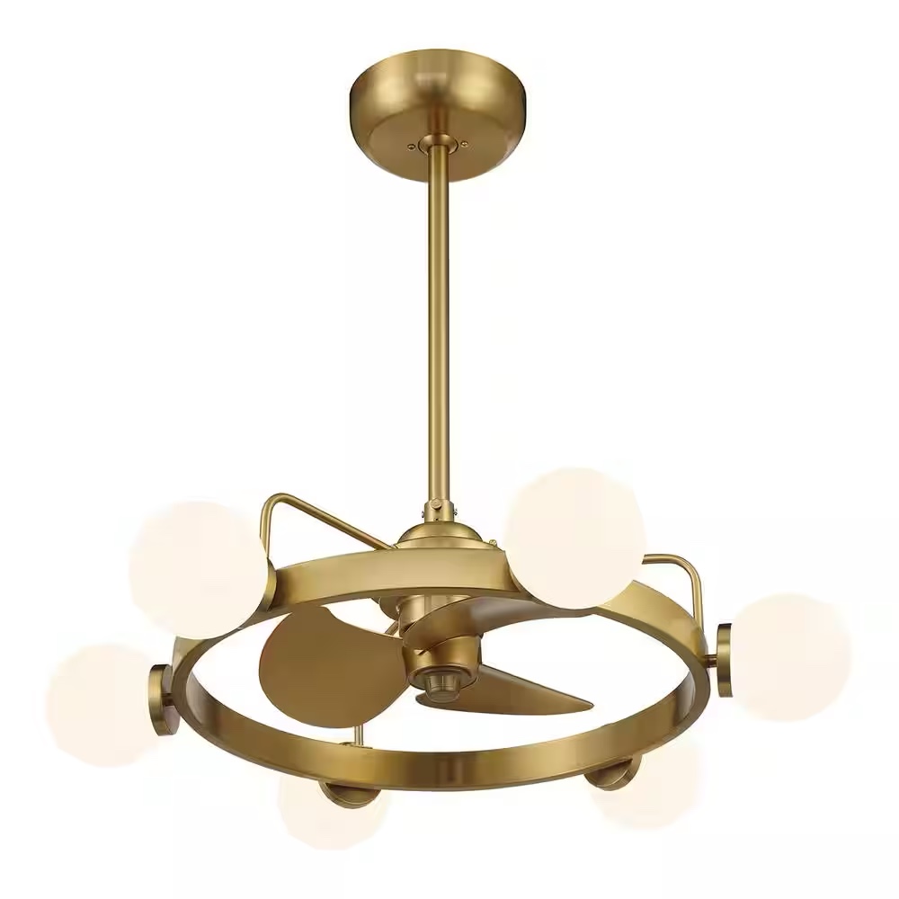 Savoy House 30-FD-345-322 Gibson 7-Light Chandelier Ceiling Fan in Warm Brass, Round Frosted Glass Bulbs, Shining Metal Frame in Brass, 30'' W x 10'' H
