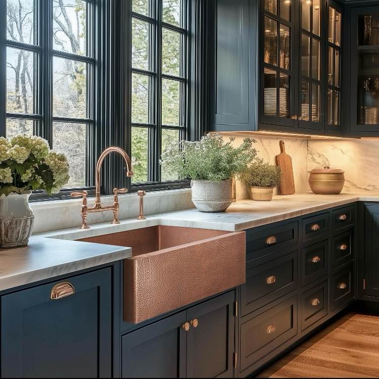 LUXURY 33-INCH HEAVY 12-GAUGE MEDIUM PATINA COPPER FARMHOUSE SINK, Copper Range, Matching Hardware, Flat Front Apron, Sink Finish Type: Hammered, Sink Gauge: 12 Gauge, Sink Material: Copper, Sink Shape: Rectangular. Sink Front to Back Width (in.): 22 in, Sink Left to Right Length (in.): 33 in, Sink Top to Bottom Depth (in.): 9.5 in