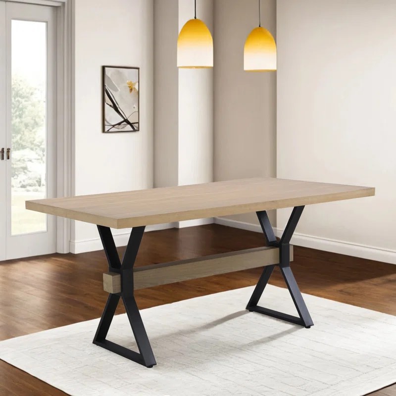 Elevated Farmhouse Dining Table With X Shaped Legs - Light Ash Wooden Top, Black Metal Legs. 63.0"W x 36.0"D x 30.25"H - 74.18 lb. 2 Boxes. 