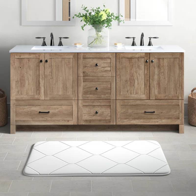Soma 72'' Natural Oak Double Bathroom Vanity with Solid White Stone Top, 5 Drawers, 2 Cabinets, Matte Black Handles. 34'' H X 72'' W X 19'' D