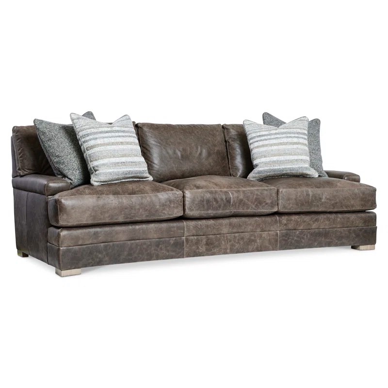 BURNHAM Brown Leather Sofa By Bernhardt, Solid Wood Feet in Portobello Beige, Accent Pillows Included. 33'' H X 97'' W X 43.5'' D