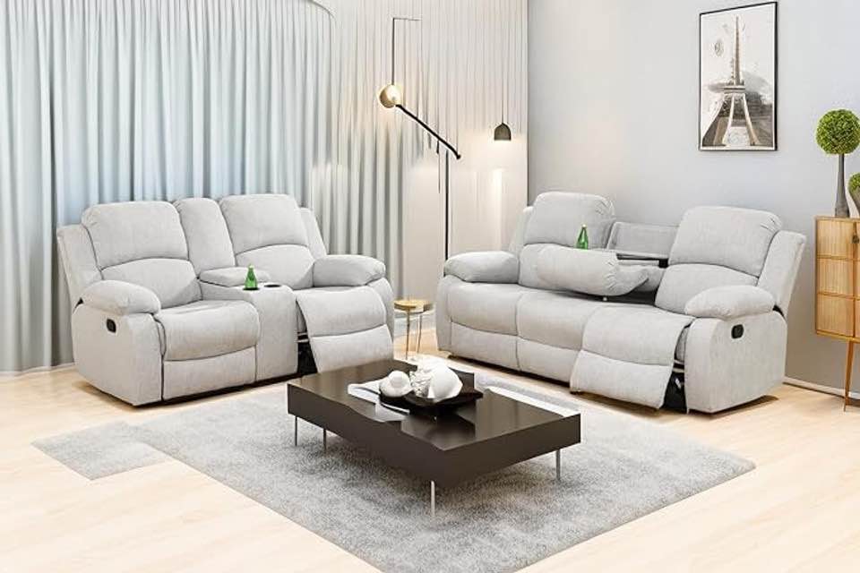 Soft Gray Linen Recliner 2 Piece Sofa Set, 3 Seat Recliner and 2 Seat Loveseat with Corner Console. 2 Boxes total.
