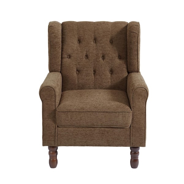 Modern Brown Linen Upholstered Button High Back Accent Arm Chair With Wood Legs
