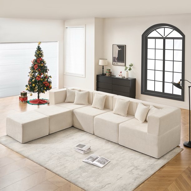 BEHOST Beige Modular 6 Piece Chenille Sectional Sofa, 130" Oversized U Shape with 27.5" Deep Seats, Convertible. 2 Ottomans & Accent Pillows Included, Some marks from shipping need cleaned otherwise quality sofa.